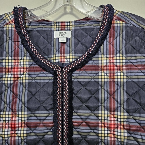 Crown & Ivy Navy Plaid Puffer Quilted Jacket Quilted Zip Front Fringe Pockets L - Picture 4 of 10
